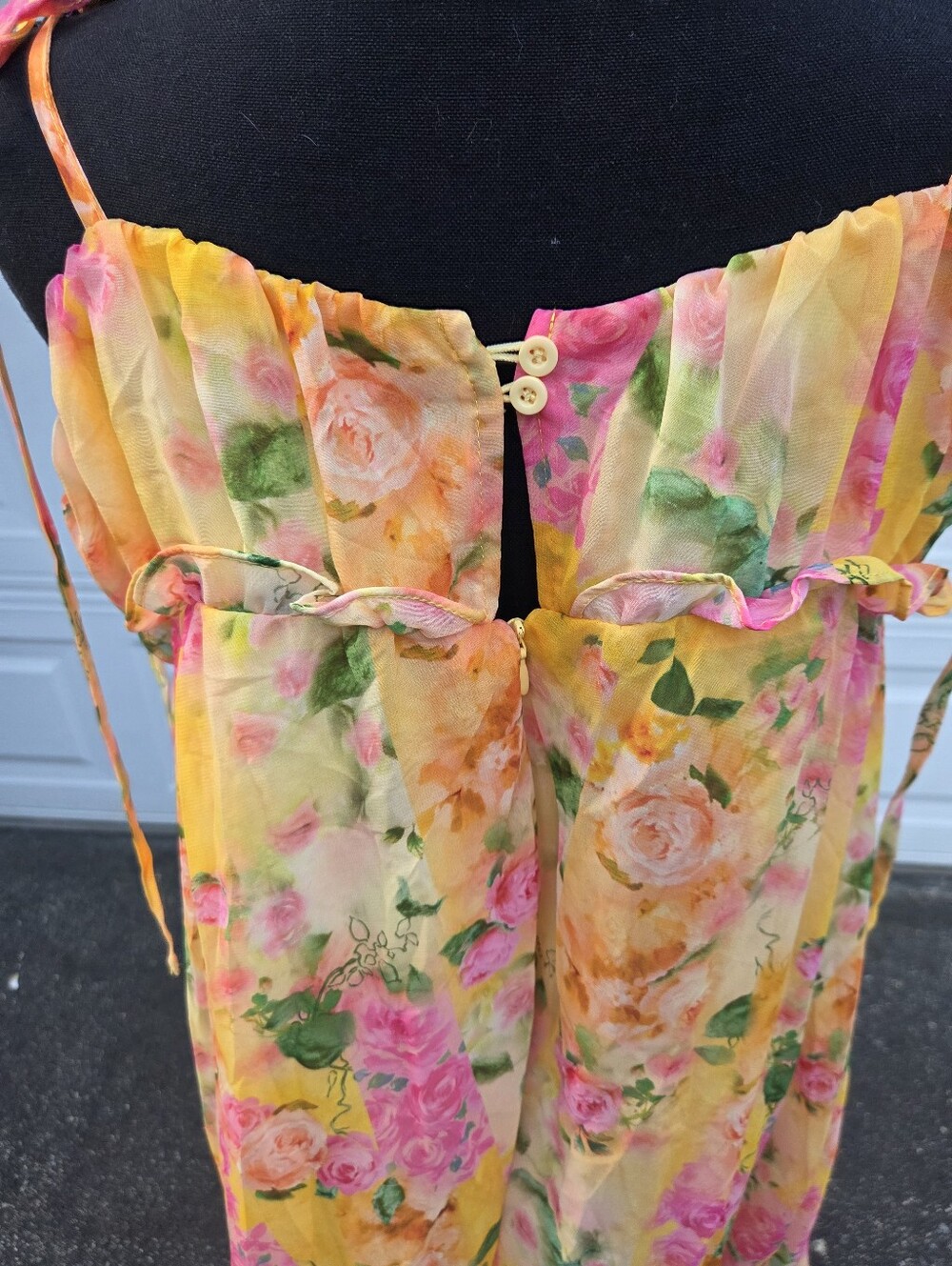 Boutique Yellow Floral Chiffon Mini Dress Tie Strap Ruffle Layered Size L - Picture 5 of 11